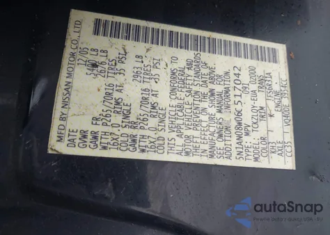 2006 Nissan Xterra X z USA, uszkodzony, nr VIN 5N1AN08W06C517042